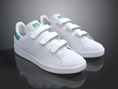 White Low Top Casual Sneakers With Green Accents Velcro Straps And Perforations 3d model