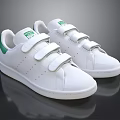 White Low Top Casual Sneakers With Green Accents Velcro Straps And Perforations