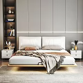 Modern Bedroom Interior Design With White Bed Wooden Base Gray Curtains And Pendant Lights