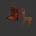 Vintage and Classic Furniture Featuring Leather Armchair and Wooden Carved Chair