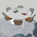 White Round Table With Gray Backrest Brown Seat Chairs On Blue Textured Floor 3d model