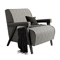 Modern Herringbone Fabric Armchair Design With Black Pillow And Wooden Legs Detail