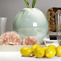 Decorative Ornament Set with Light Green Vase White Lilies Transparent Glass Bottle Yellow Lemons and Woven Basket