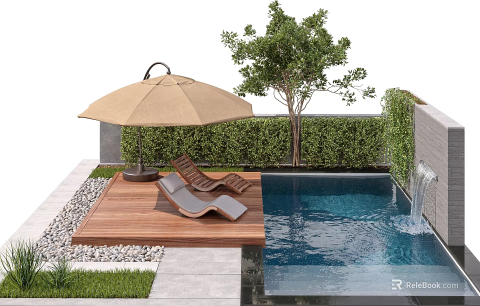 Serene Outdoor Swimming Pool Area With Wooden Deck Lounge Chairs Umbrella Tree Hedge And Waterfall 3d model 