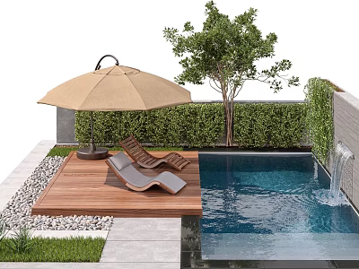 Serene Outdoor Swimming Pool Area With Wooden Deck Lounge Chairs Umbrella Tree Hedge And Waterfall 3d model