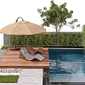 Serene Outdoor Swimming Pool Area With Wooden Deck Lounge Chairs Umbrella Tree Hedge And Waterfall