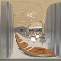 Modern Conference Room With Wooden Ceiling Central Pillar Orange Arranged Seats Podium And Large Screen