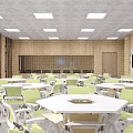 School Cafeteria Interior With Tables Chairs Windows Curtains And Ceiling Lights