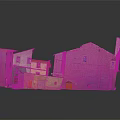 Cartoon Style Village Buildings Scene With Colorful Rooftops Windows and Doors