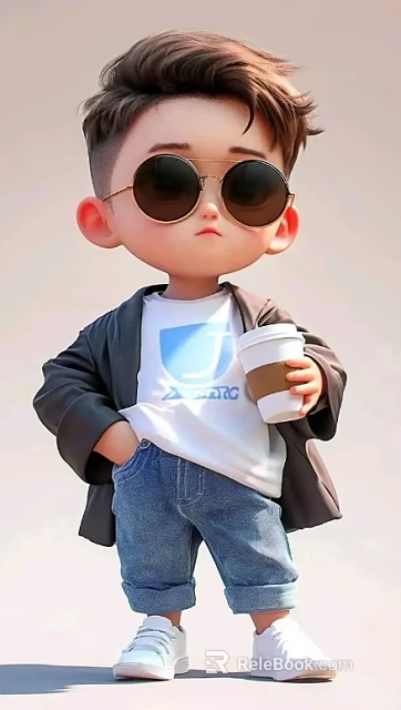 A man wearing sunglasses in a white T-shirt with blue logo holding coffee cup 3d model 