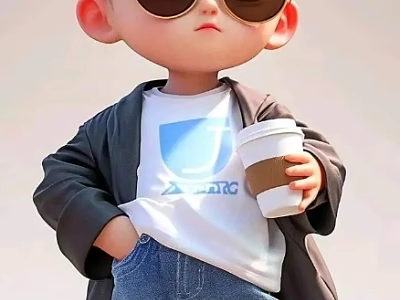 A man wearing sunglasses in a white T-shirt with blue logo holding coffee cup 3d model