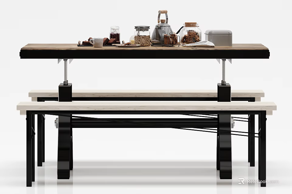 Modern Dining Table Set With Wooden Top Black Legs And Bench Seats 3d model 