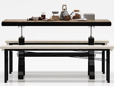 Modern Dining Table Set With Wooden Top Black Legs And Bench Seats 3d model