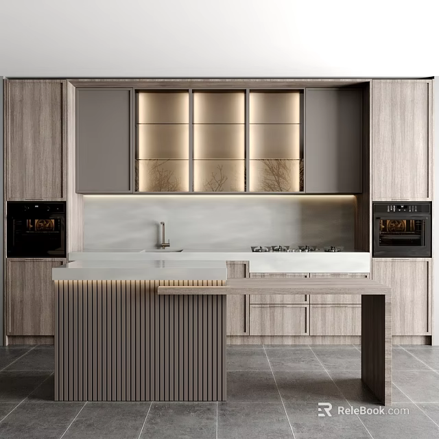 Modern Kitchen Interior Design With Wooden Cabinets Island Counter And Oven Lighting 3d model 