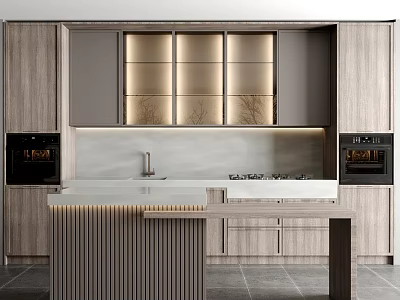 Modern Kitchen Interior Design With Wooden Cabinets Island Counter And Oven Lighting 3d model