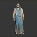 Woman Wearing Blue Sari with Gold Necklace and Bracelets on Shiny Floor