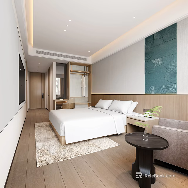 Modern Hotel Room Interior With Large Bed White Linens And Blue Decorative Painting 3d model 