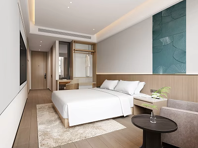 Modern Hotel Room Interior With Large Bed White Linens And Blue Decorative Painting 3d model
