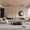 Modern Living Room Interior With Gray Sofa Black Coffee Table Round Mirror And Floor to Ceiling Windows