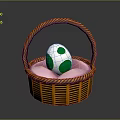 White and Green Spotted Animal Egg in Woven Basket with Pink Cushion