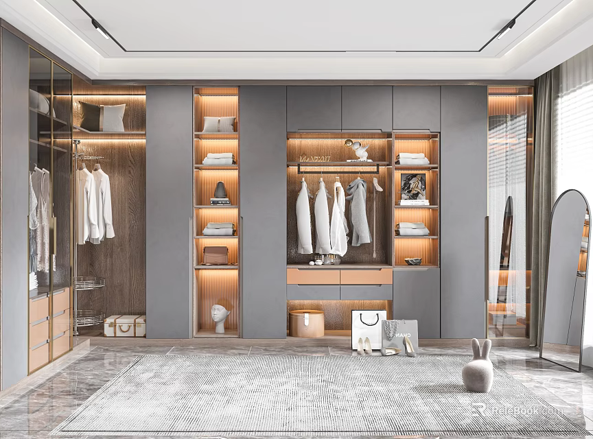 Modern Walk in Closet Interior Design With Open Shelves Hanging Clothes And Mirror 3d model 