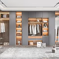 Modern Walk in Closet Interior Design With Open Shelves Hanging Clothes And Mirror