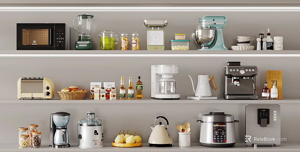 Neatly Arranged Kitchen Shelves With Blender Coffee Maker Rice Cooker Kettle And Utensils 3d model 