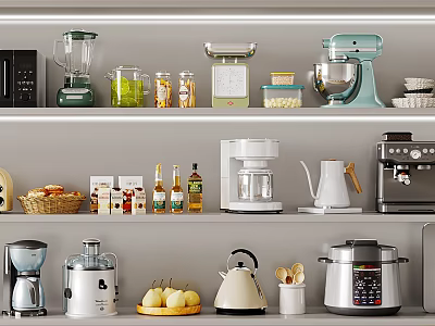 Neatly Arranged Kitchen Shelves With Blender Coffee Maker Rice Cooker Kettle And Utensils 3d model