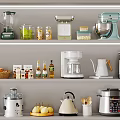 Neatly Arranged Kitchen Shelves With Blender Coffee Maker Rice Cooker Kettle And Utensils