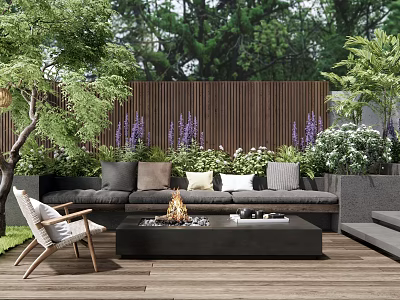 Garden Patio with Wooden Floor Gray Sofa Pillows Armchair Fire Pit Table and Purple Flowers 3d model