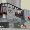 Modern Commercial Architecture With Glass Facade Stone Exterior And Outdoor Dining Area