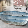 Blue Ribbed Transparent Freestanding Bathtub Against White Tiled Wall With Decorative Artwork