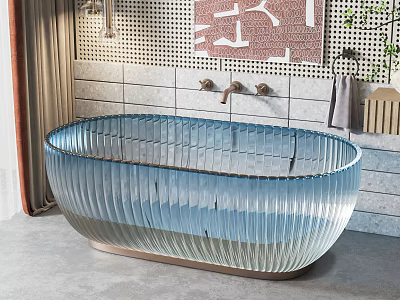 Blue Ribbed Transparent Freestanding Bathtub Against White Tiled Wall With Decorative Artwork 3d model