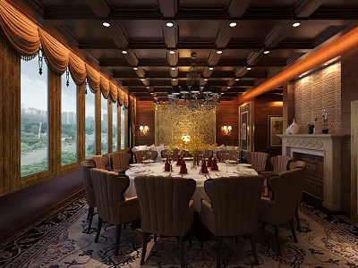 Luxurious Private Dining Room With Chandelier Dining Table Chairs And Fireplace 3d model