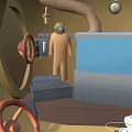 Cartoon Scene with Yellow Structure Window Humanoid Character Wooden Barrels Gears Tools on Wooden Platform