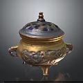 Ornate Antique Ceramic Censer With Carved Patterns Covered Lid Side Handles And Tripod Base