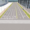 Modern Municipal Road With Pedestrian Walkway Green Median Street Lamps And Modern Buildings