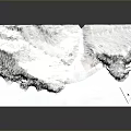 3D Scenic Landscape Featuring Rocky Mountains Wavy Ocean And Folded Form On Gray Background