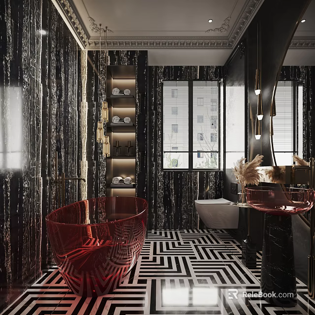 Modern Elegant Bathroom With Marble Like Walls Red Bathtub Black White Geometric Floor And Shelves 3d model 