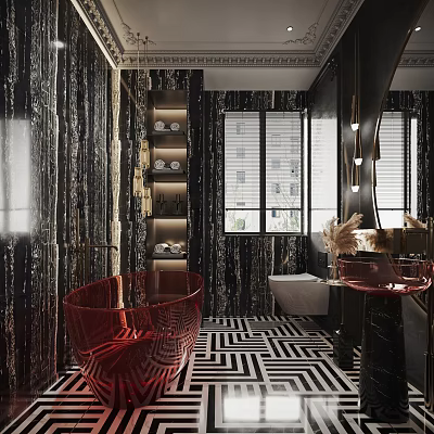 Modern Elegant Bathroom With Marble Like Walls Red Bathtub Black White Geometric Floor And Shelves 3d model