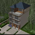 Three Story Detached Villa With Tile Roof Balconies And Landscaped Garden Surrounded By Trees