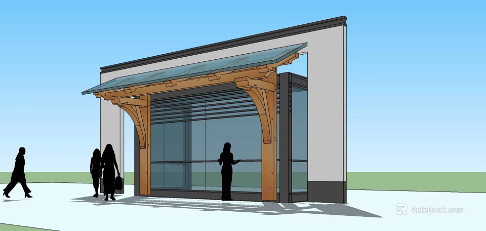 Modern Main Entrance Gate Design With Glass Facade And Wooden Canopy 3d model 