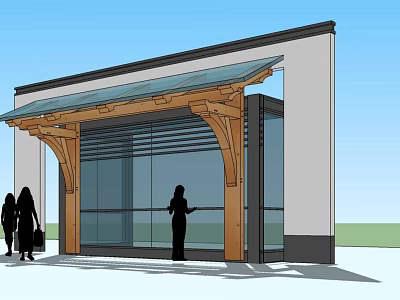 Modern Main Entrance Gate Design With Glass Facade And Wooden Canopy 3d model