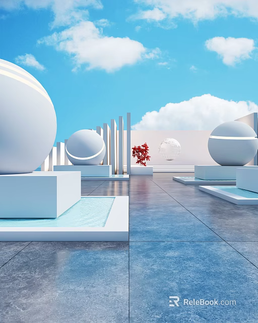 Modern Garden Landscape With White Spheres Pillars Red Plant And Water Pools Under Blue Sky 3d model 