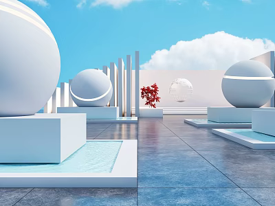Modern Garden Landscape With White Spheres Pillars Red Plant And Water Pools Under Blue Sky 3d model