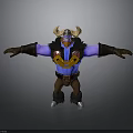 Horned Warrior 3D Character With Blue Body Yellow Orange Armor Brown Pants And Outstretched Arms