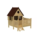 Wooden Playhouse Structure For Children's Playground With Fenced Area And Steps