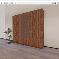 Wooden Wardrobe With Multiple Doors Arched Louvered Design Bottom Drawers And Potted Plant