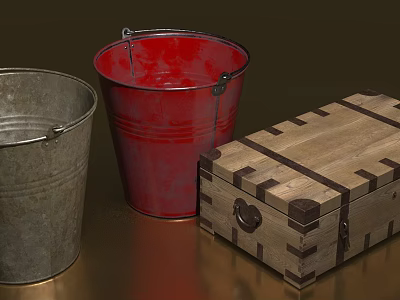 Gray And Red Metal Buckets With Wooden Crate On Brown Surface 3d model