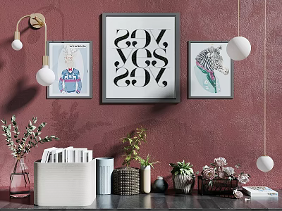 White Storage Cabinet Under Red Wall Featuring Decorative Paintings Green Plants And Hanging Lights 3d model
